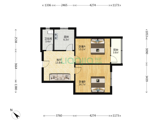 汝南路1、1甲、1乙 2室1厅1卫 68平方
