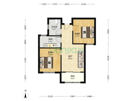 北岗花园二期 2室1厅1卫 85平方
