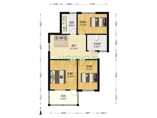 伍佰村5号 3室1厅1卫 76平方
