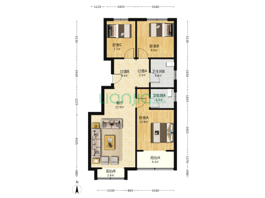 名人国际 3室1厅2卫 100平方