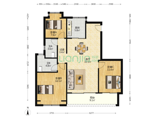 星河国际二区 3室1厅2卫 120平方