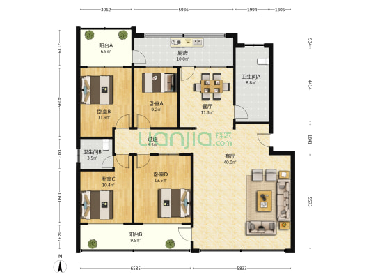 法院小区（潍城区） 4室2厅2卫 166平方
