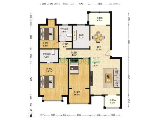 单价5500/平米 129平米 三居室 南北通透 低首付-户型图