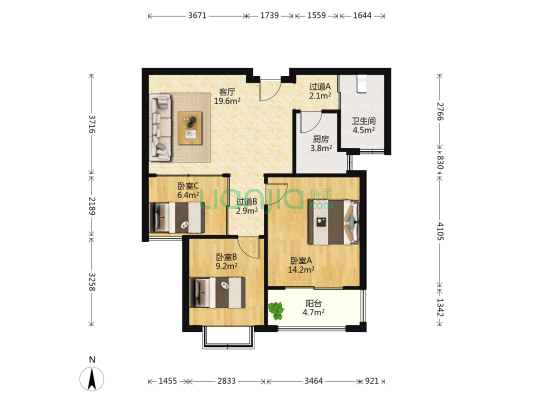 东方天郡B区三期 3室1厅1卫 88平方