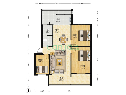 永乐路51号 3室2厅1卫 76平方