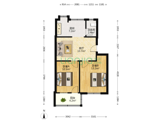 第四j机公司宿舍 2室1厅1卫 62平方