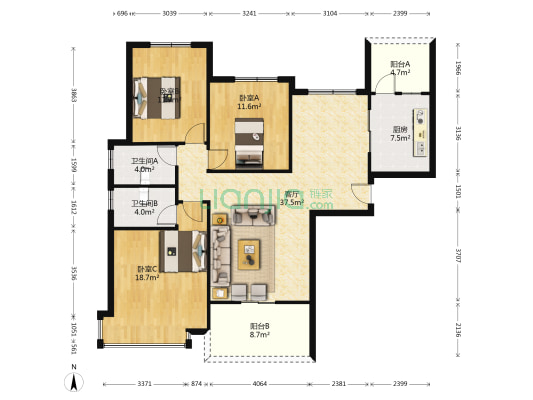 恒大帝景 3室1厅2卫 130平方
