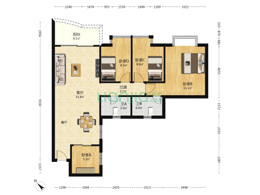 和园大厦 4室1厅2卫 110平方