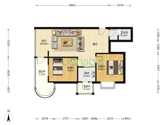 世纪俊园 2室1厅1卫 83平方