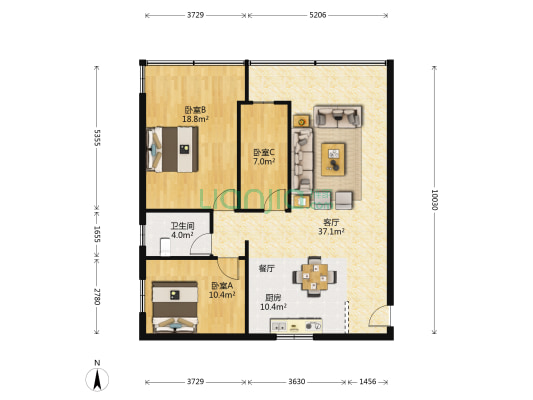 怡景公寓 3室1厅1卫 107平方