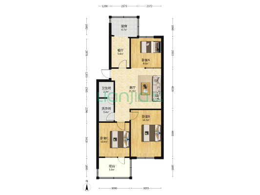 向阳胡同20号院 3室2厅2卫 94平方