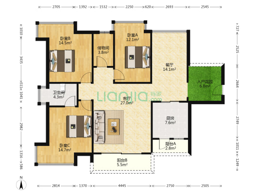 永盛1号 3室2厅1卫 130平方