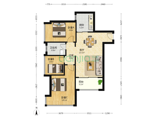 景华嶺莑 3室1厅1卫 86平方