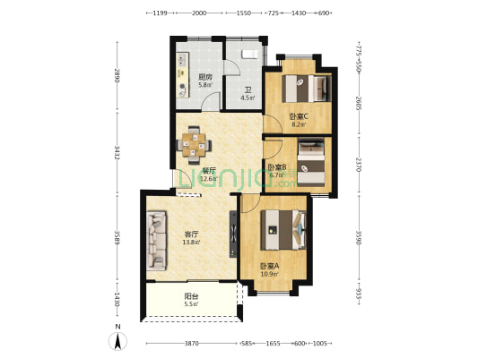 新金花园 3室2厅1卫 82平方