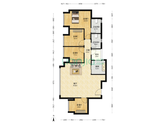 建发书香府 4室1厅2卫 99平方
