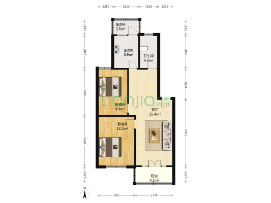 蚕业公司家属院 2室1厅1卫 80平方