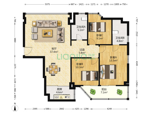 云翔大厦 3室1厅2卫 136平方
