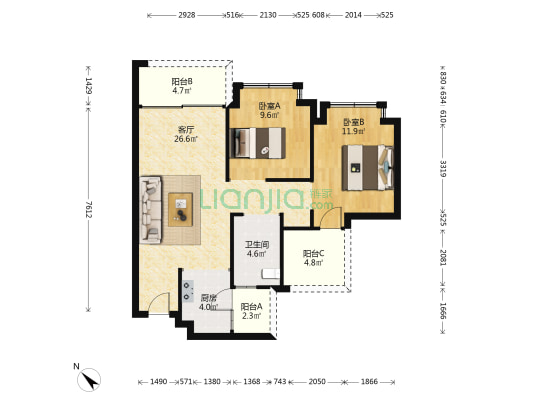 邦泰·翡翠城(东区） 2室1厅1卫 81平方