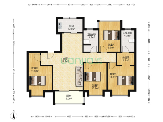 公元天下 4室1厅2卫 125平方