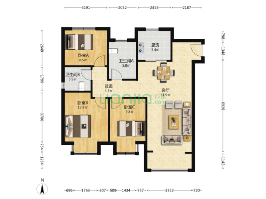 天和悦江山 3室1厅2卫 120平方