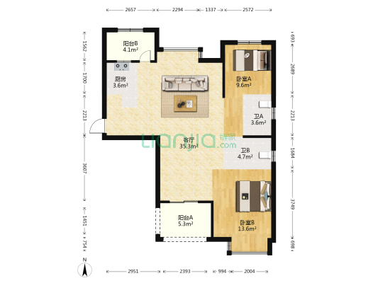 阳光城大都会A区 2室1厅2卫 100平方