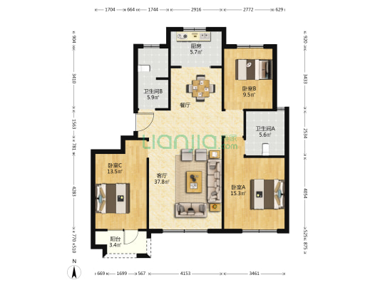 馨城家园 3室1厅2卫 125平方