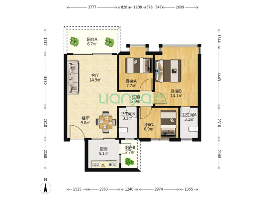 裕豪苑 3室2厅2卫 91平方