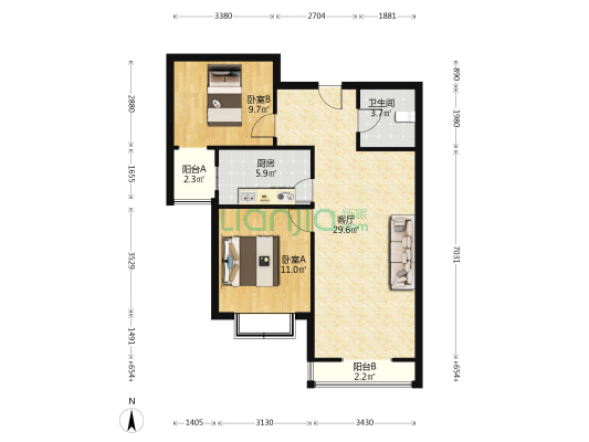 精装修全南两居 中楼层采光好无遮挡 带车位地下室-户型图