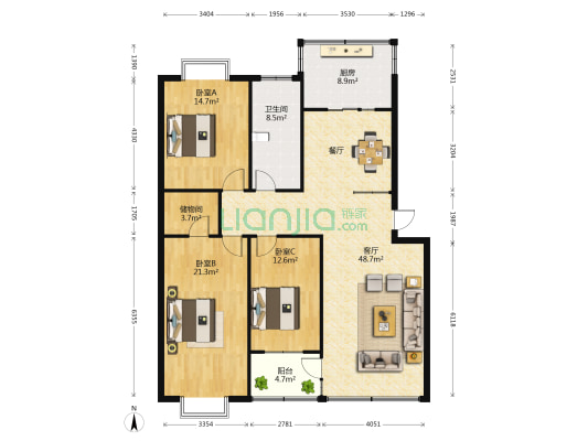 光明花园 3室1厅1卫 147平方