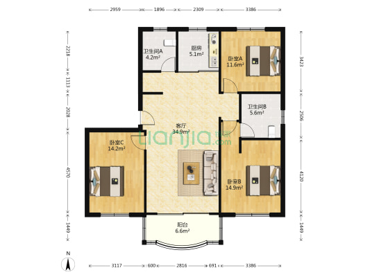 协虹苑 3室1厅2卫 116平方