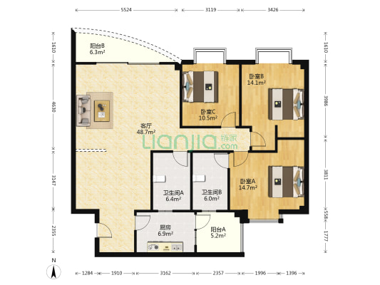 旌都东苑 3室1厅2卫 138平方