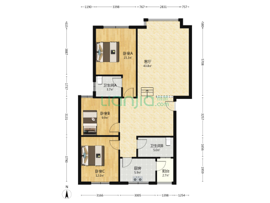 青水美居壹期 3室1厅2卫 113平方