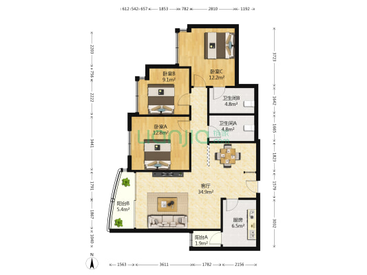 如意大厦 3室1厅2卫 135平方