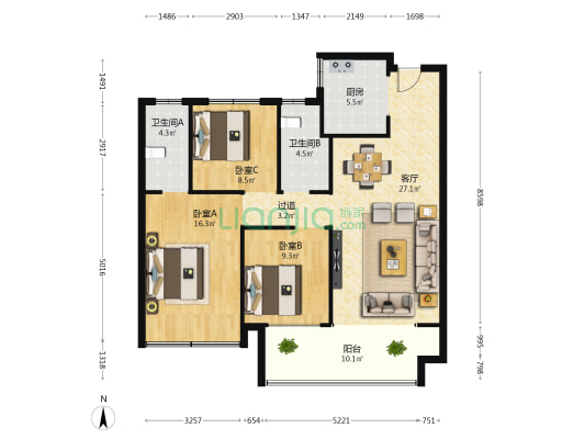 江北花苑一期 3室1厅2卫 115平方