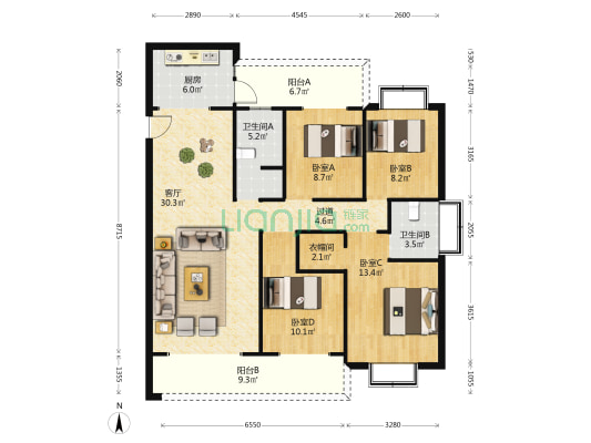 兴港上锦湾 4室1厅2卫 136平方