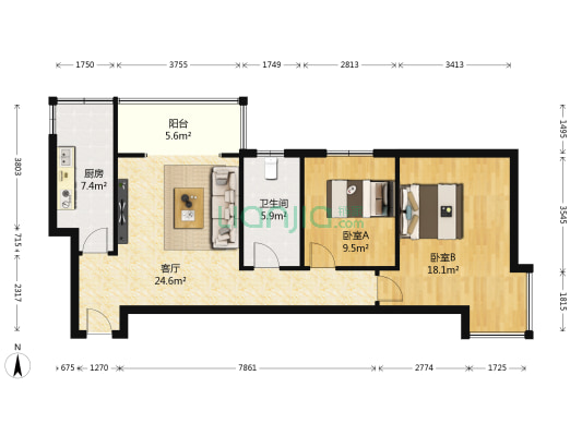 雁滩家园B区 2室1厅1卫 100平方