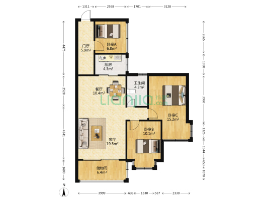 蓝水湾二期 3室2厅1卫 93平方