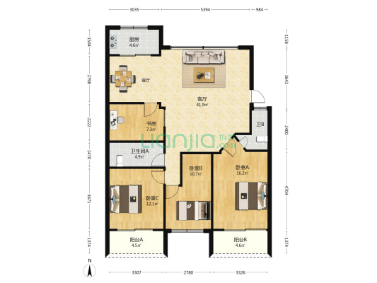 九龙山庄 4室1厅2卫 124平方
