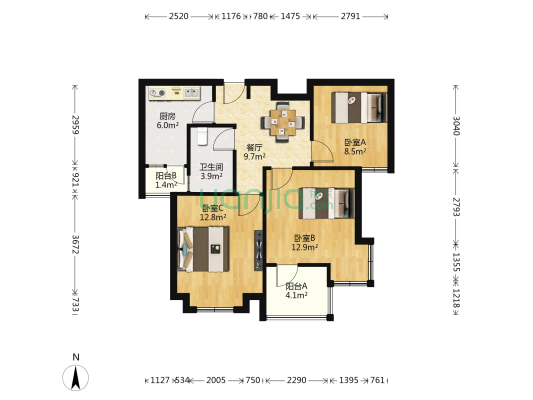 馨佳园(菊泉街1398弄) 3室1厅1卫 78平方