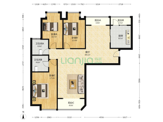 范阳路 精装修三居室  出门钻石838车站-户型图