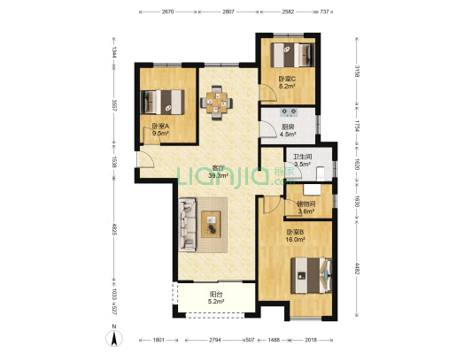 正商中州城玉兰园 3室1厅1卫 126平方