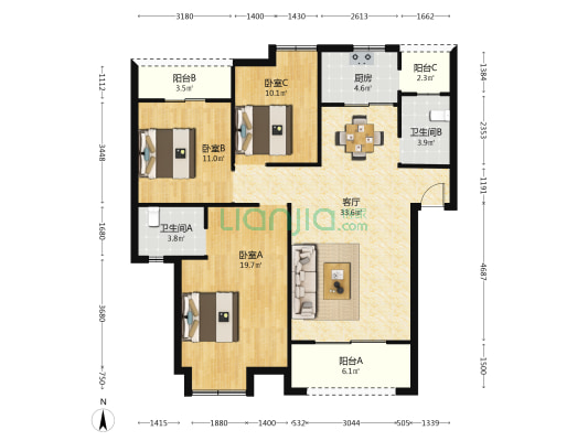 北郡 3室1厅2卫 106平方