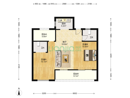 北苑丽城 2室1厅2卫 86平方