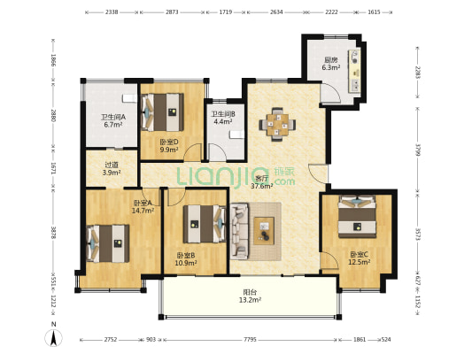 万象华府二期 4室1厅2卫 135平方