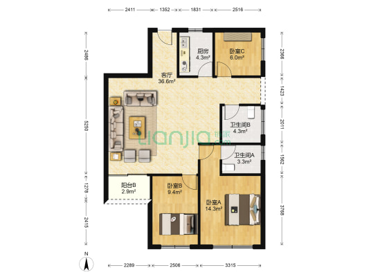香珠花园 3室1厅2卫 103平方