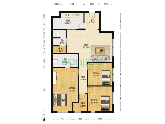 荣耀世纪 3室1厅2卫 157平方