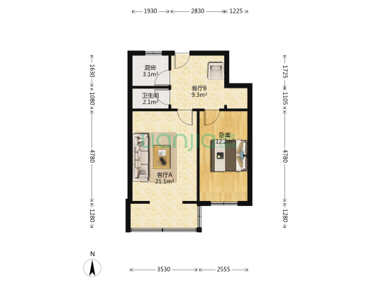 益达实业有限公司宿舍 1室2厅1卫 56平方