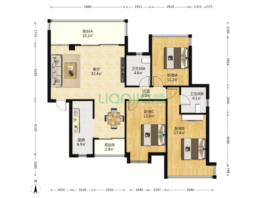 三亚·山水国际 3室1厅2卫 125平方