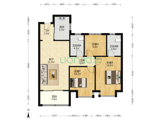 弘阳美的昕悦尚宸苑 3室1厅2卫 105平方