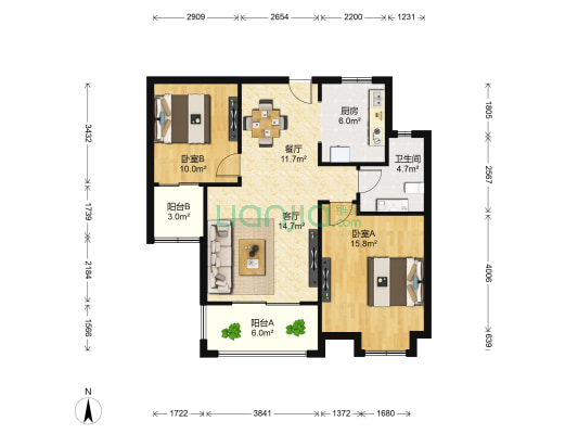 春江花苑 2室2厅1卫 87平方